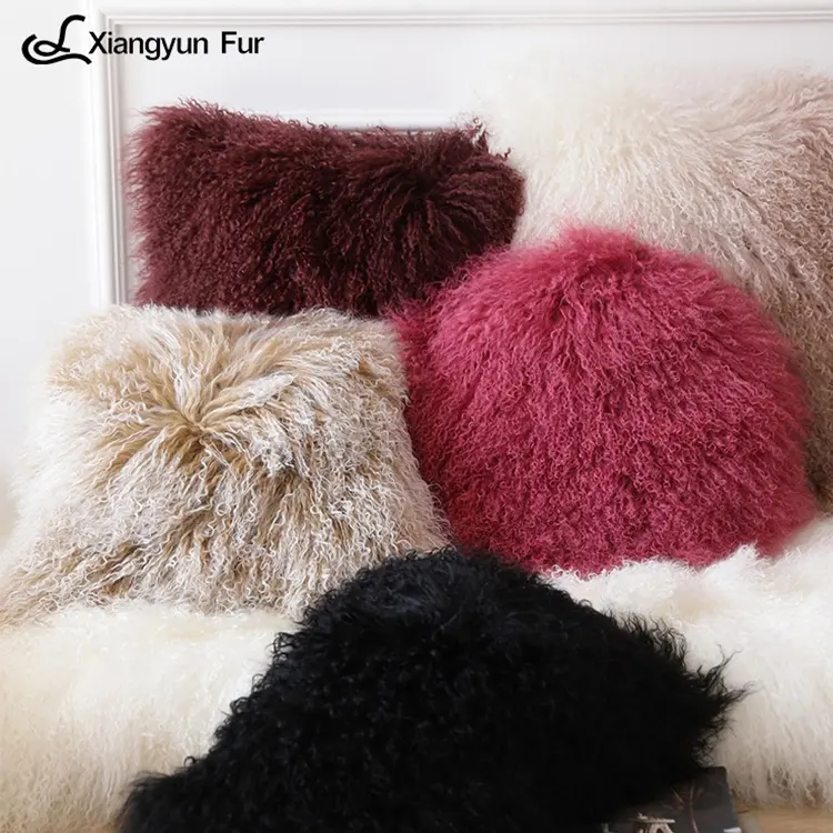 Handcrafted Lamb Fluffy Pillow Fur Decorative Cushion Cover Luxury Sofa Pillow Mongolian Sheepskin Cushion