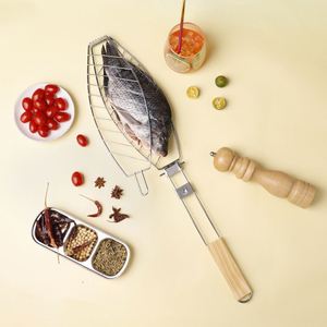 New Bbq <b>Mesh</b> Barbecue Stainless Steel Fish <b>Grill</b> Basket With Wooden Handle - Product Image 1