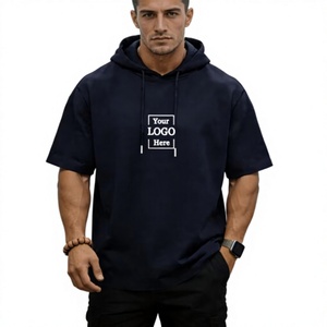 Camiseta con Capucha de Manga Corta Azul Marino para Hombre, Corte Regular, Tejido Ecológico, Estilo Casual con Logotipo Estampado en la Parte Delantera - Product Image 1