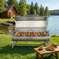 Parrilla de Barbacoa Híbrida de Gas y Carbón de Acero Inoxidable Moderna de Gran Capacidad con Asador Eléctrico de 15W, Termómetro y Ventana Visual