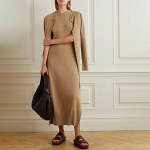 Sleeveless Knit Sweater Women Elegant Midi <strong>Dress</strong> Fall Button Pearl Wool Casual Rib Knitted Woolen <strong>Dress</strong> - Product Image 5