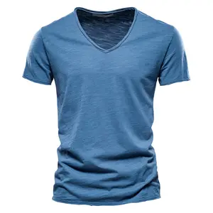 T-shirt col en v pour hommes, logo personnalisé, vêtements de niveau supérieur, 100% coton bambou