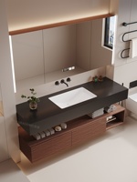 Évier mural en quartzite noir de style hôtelier avec miroir intelligent intégré en bois de caoutchouc à double couche, sans joint, en céramique, avec miroir intelligent inclus