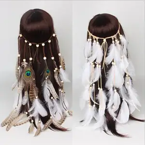 Bohemian white Feather Headband Women Gypsy Feather Rope Headdress Crown Festival Wedding Headwear Hair Accessories