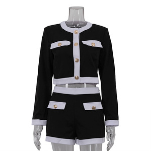 <strong>Women's</strong> Summer Fashion Two-Piece Set European American Style Long Sleeve Cardigan Top <strong>Short</strong> <strong>Shorts</strong> <strong>Black</strong> White Contrast - Product Image 1