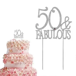 Premium Gemerlap Perak Kualitas Logam Campuran Kristal Berlian Imitasi 50 dan Kue Hebat Topper Dekorasi Pesta Ulang Tahun 50th