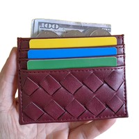 Dompet Kartu Minimalis Wanita Burgundy Tipis, Dompet Kartu Kulit PU Anyaman untuk Wanita, Produsen Dompet Kartu Mewah Wanita