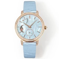 Montre élégante pour femme avec cadran en nacre bleue, boîtier en or rose, mouvement mécanique, phase de lune, nouvelle collection 2026, étanche