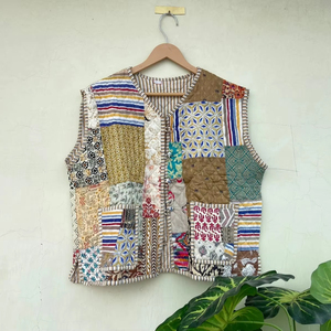 Chaleco de Algodón sin Mangas, Color Beige, Acolchado, Estilo Patchwork, Hecho a Mano, Reversible, Unisex, Chaqueta Ecológica para Invierno - Product Image 1