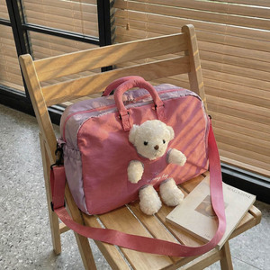 Cute Bear Duffel Bag Pink Color Blocking Water Resistant Travel Student Bag Large Capacity Unisex Leisure Travel Backpack - Product Image 1