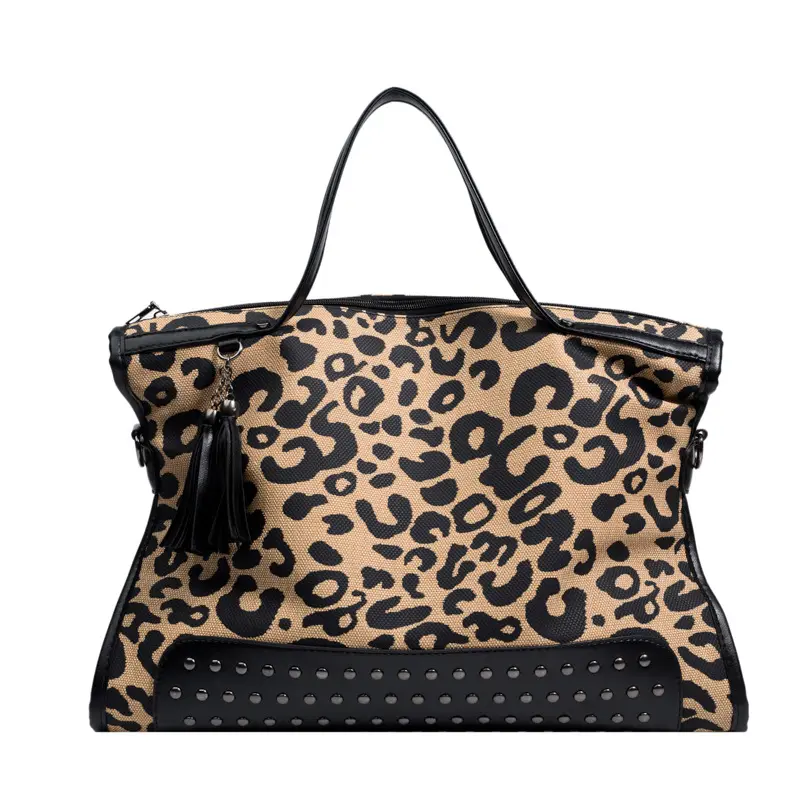 Bolso de mano de leopardo de alta capacidad para mujer, bandolera con remaches a la moda