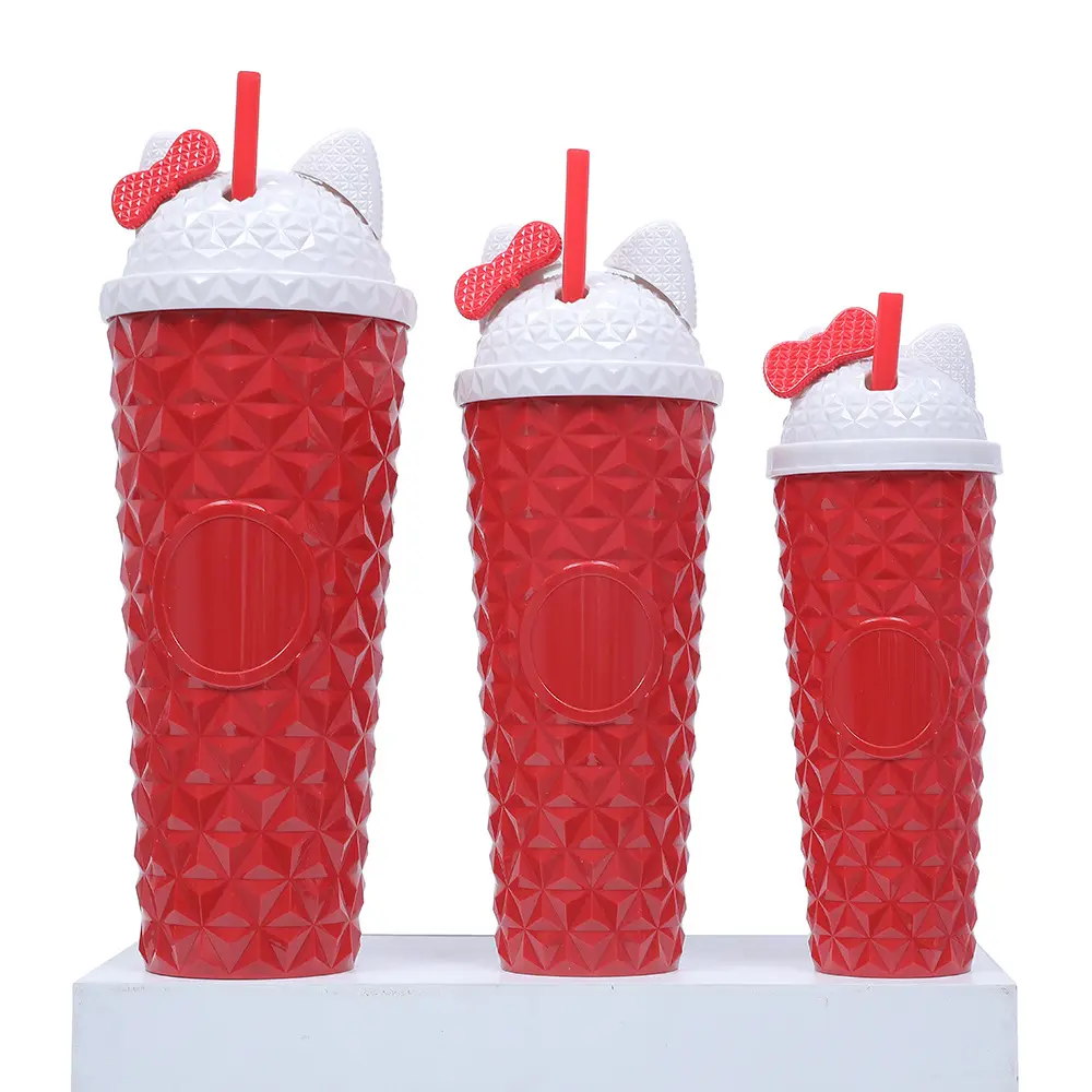 New Product 15oz 22oz 35oz Double Wall Plastic Tumbler Cups 3pcs One Set Logo Mouse Ear Shaped Matte bottle Cup With Straw