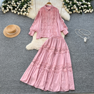 Conjunto Vintage de 2 piezas para mujer, <span class=keywords><strong>Blusa</strong></span> <span class=keywords><strong>con</strong></span> ribete de encaje de manga larga y <span class=keywords><strong>falda</strong></span> acampanada de cintura alta, chándal de dos piezas - Product Image 1