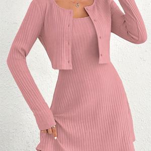 Ensemble deux pièces en tricot rose pour femmes, nouvelle collection automne 2025, ensembles décontractés - Product Image 1