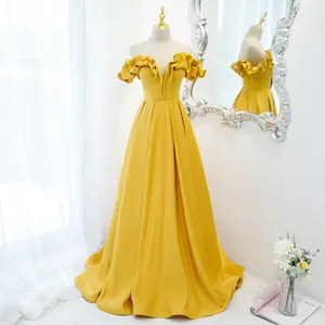 QUEENS GOWN Bright yellow A-line deep-v neck ruffles pleat ruched backless lace-up illusion soft princess prom