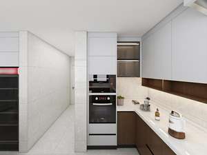 Gabinetes de Cocina Modernos en Forma de L, Acabado en Melamina Blanca y con Veteado de Madera, con Iluminación - Product Image 6