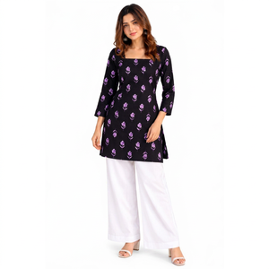Robe longue à manches longues et col carré pour femme, imprimé floral noir, en polyester et rayonne tissée, style décontracté et ethnique, Kurti court pour femme - Product Image 1