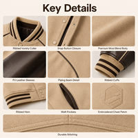 Blouson universitaire personnalisé avec badge en relief, manches en cuir contrastant, bordure rayée, coupe oversize épaisse, kaki, style minimaliste