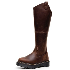 Botas largas de crin para mujer con cintura elástica, botines de cuero estilo inglés, punta redonda de cuero genuino - Product Image 1