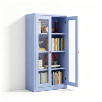 Meuble de rangement métallique bleu clair avec portes en verre et portes pleines, étagère ouverte, bibliothèque autoportante, unité de classement pour bureau à domicile