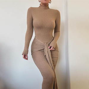 High Neck Long Sleeve Maxi Dress With Ruched <b>Wrap</b> Tie Waist Slim Fit Evening Dress Full Length Comfortable <b>Stretch</b> Fabric - Product Image 2
