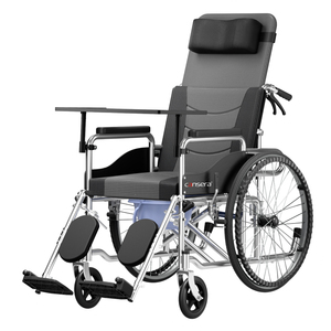 低価格フルリクライニング手動車椅子、取り外し可能なシートクッション、ベッドパンとブレーキ付きソリッドタイヤ、障害者用トレイ - Product Image 2