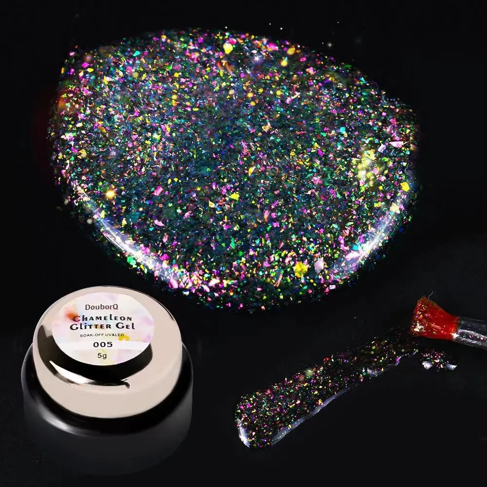 Yeni varış 6 renk karışımı şekli yansıtıcı glitter jel oje pullu kapalı islatın tırnak bukalemun Glitter jel