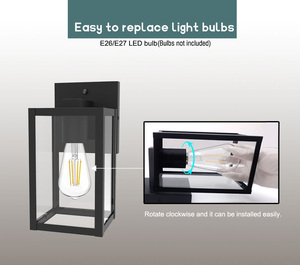 Luminaire mural extérieur à ampoule remplaçable E26 en aluminium et verre, étanche IP54, AC120V, homologué ETL, pour porche, villa, patio - Product Image 2