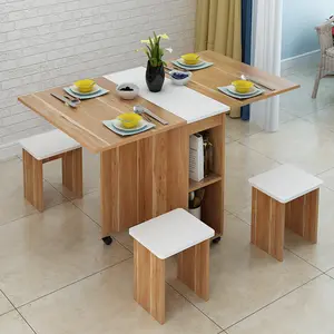 Mesa de jantar dobrável com 2 camadas de armazenamento, conjunto de mesas de jantar de madeira extensível para 4 pessoas, economizador de espaço, folha suspensa, fazenda, cozinha