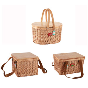Natural Wicker Picnic Basket Set with Wooden Lid - Handwoven Wicker <strong>Hamper</strong> for Outdoor Camping Beach and <strong>Family</strong> Gatherings - Product Image 1