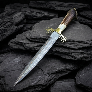 Cuchillo de caza hecho a mano de acero inoxidable con hoja fija, punta de lanza, guardacuchillo de latón, 12 pulgadas de longitud total - Product Image 1