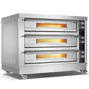 Oven Dek Baja Tahan Karat Komersial, dengan Uap 12-Tray 3 Dek Oven Roti 2-Tray 1 Dek Gas atau Elektrik