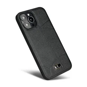 deluxe pattern Custom Mobile Phone Case For iPhone 15 black Leather Cover Case