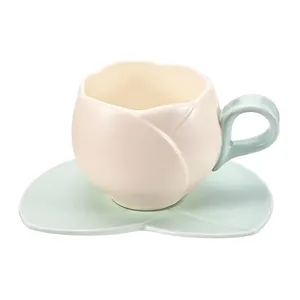 Mug And Saucer Set 9.5 Oz Tulip Cute Shape Design Ceramic Mug Cup Unique Irregular Ceramic Mug