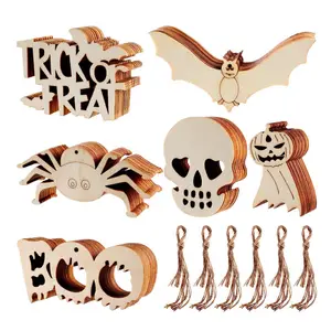Vente en gros de 60 pièces tranches de bois d'Halloween grandes étiquettes de cadeau ovales en bois ornements suspendus en bois vierge découpes artisanat