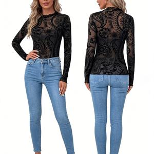 Women's Black Sheer Mesh <b>Top</b> - Long Sleeve High Neck <b>Top</b> With Velvet Paisley & Mandala Print Shirt Fashion - Product Image 2