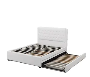 Tempat tidur King mewah ringan putih kancing kulit papan kepala papan kayu sisi tempat tidur dengan tarik keluar penyimpanan kecil bingkai tempat tidur