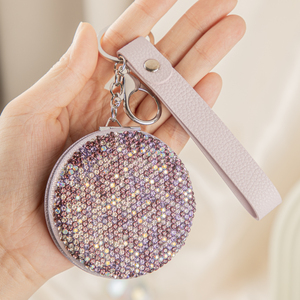 Miroir de poche pliable de luxe personnalisé avec logo, orné de strass en cristal violet, porte-clés et breloque de sac, miroir compact de maquillage – Vente en gros - Product Image 2