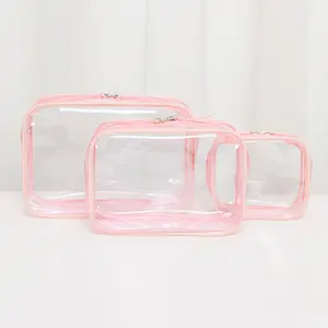 粉色边框储物盒聚氯乙烯便携式女性旅行化妆包简单手柄透明防水洗漱化妆盒