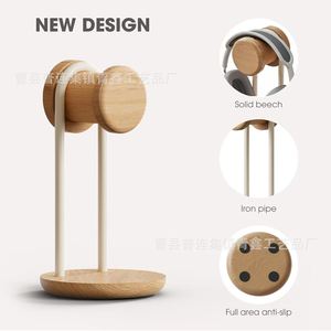 Soporte de madera para auriculares de escritorio con base redonda para almacenamiento de auriculares - Product Image 1