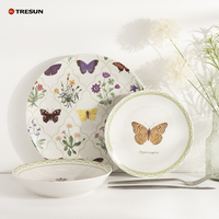 Service de table en porcelaine Tresun Vajilla Vaisselle, 18 pièces, design élégant de plantes, papillons et fleurs, style classique, finition sous glaçure