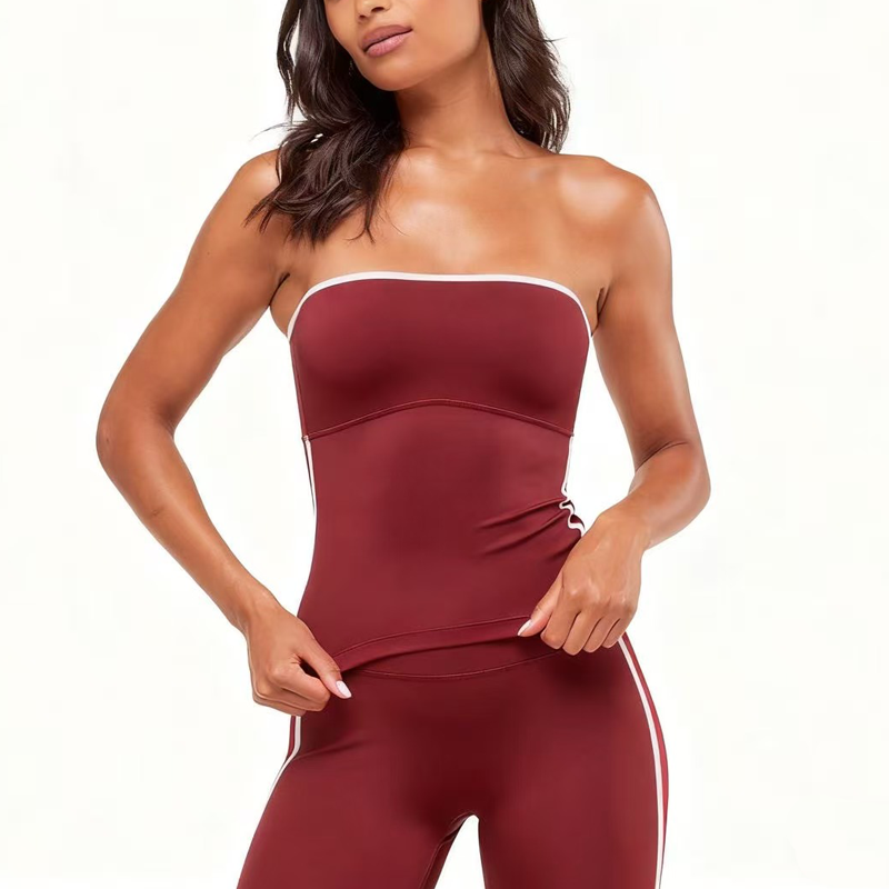 Strapless Bandeau Style Vest Side Red White Vertical Stripes Yoga Sports Gym Fitness Strapless Tank Top for Women Wear