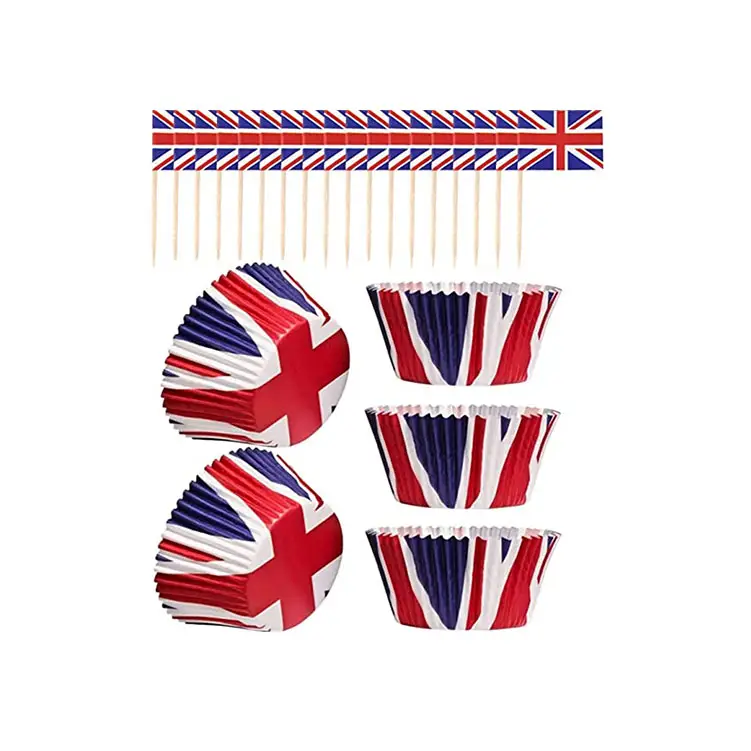 Union Jack Flag Cake Toppers Cupcake Cases Queen Party Decorations, Party Supplies for Platinum Jubilee Table Food Decorations