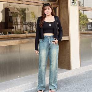 Jeans Rectos Runqi Azul Retro Talla Grande para Mujer, Algodón Medio, Detalle de Cierre N8753 - Product Image 4