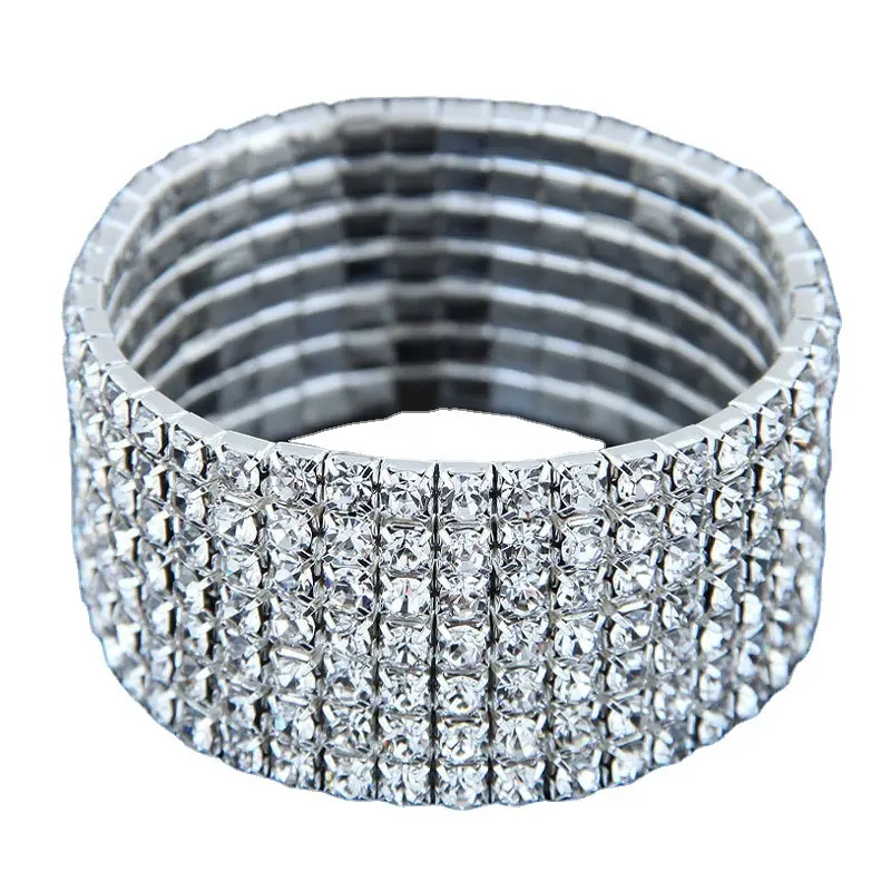 Colore argento 8 righe braccialetto elastico con strass di cristallo pieno Bling Wristband Women Wedding Bridal Bangle Jewelry