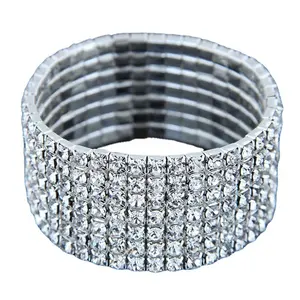 Silver Color 8 Rows Full Crystal Rhinestone Elastic Bracelet Bling Wristband Women Wedding Bridal Bangle Jewelry