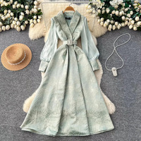 Robe trapèze chic vintage en jacquard de polyester, style français, pour femme, avec manches lanternes, taille cintrée et col en V