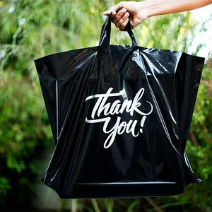 사용자 정의 로고 재사용 두꺼운 플라스틱 쇼핑 가방 감사합니다 웨딩 쥬얼리 파우치 선물 캐리어 포장 검은 비닐 봉투