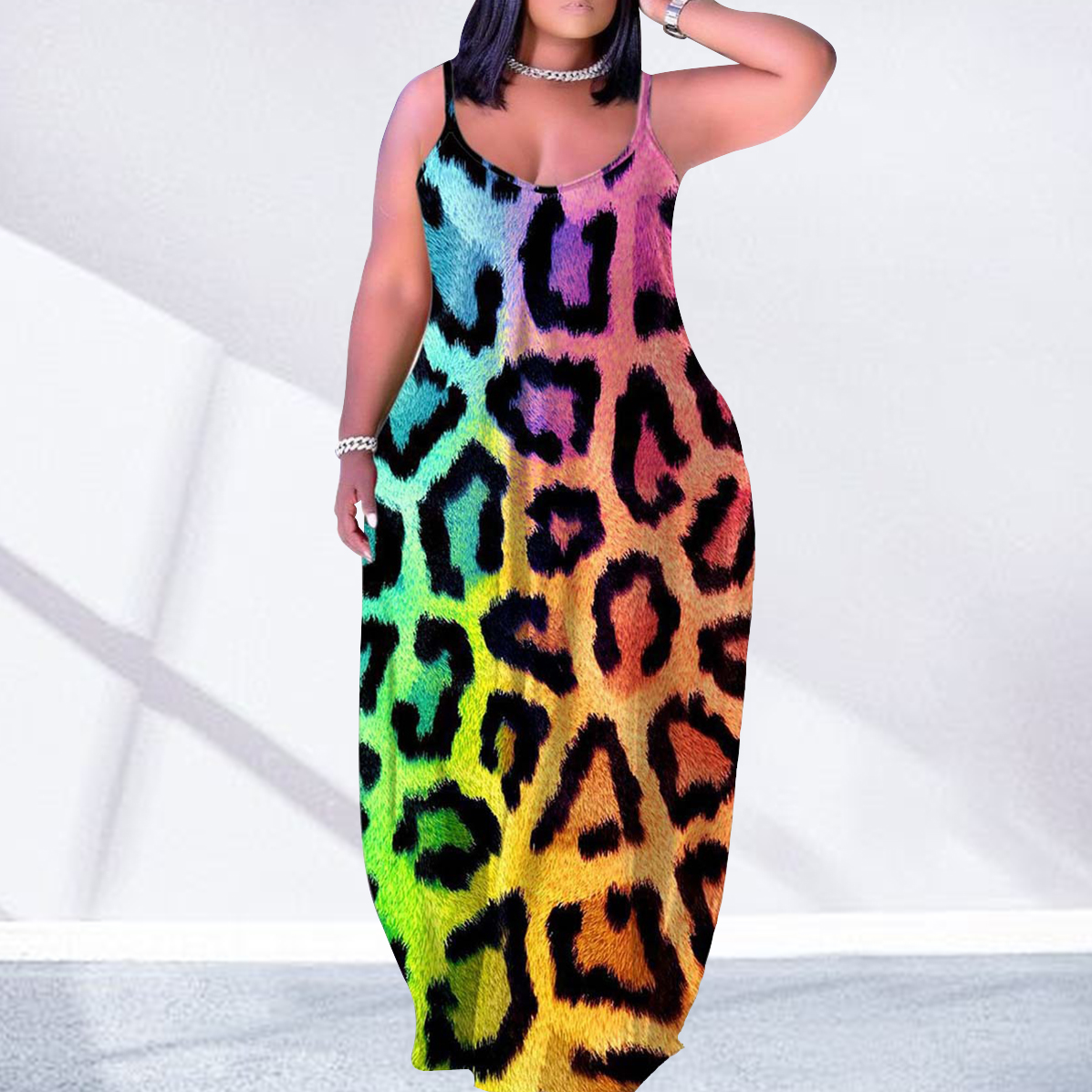 Leopard Summer Maxi Plus Size Dress Floor Length Loose Sleeveless Slip Dress  Casual Spaghetti Strap Dress| Alibaba.com