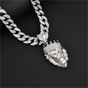 Corona testa di <span class=keywords><strong>leone</strong></span> <span class=keywords><strong>collana</strong></span> pendente <span class=keywords><strong>con</strong></span> 16mm Miami catene a maglie cubane Hip Hop cristallo placcato oro gioielli per uomo donna Unisex - Product Image 5